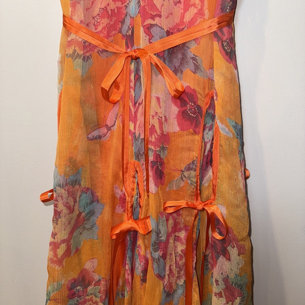 JOHNNY WAS 100% Silk Maxi Dress Sz S Orange Floral Tiered Lined Boho Ribbon Slip - Picture 3 of 16